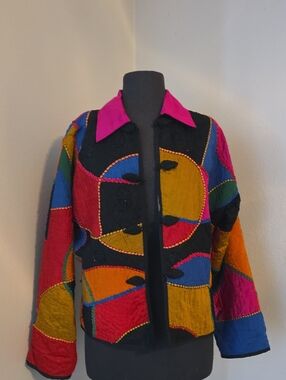 Anage Multicolor Patchwork Jean Jacket with Pink Collar